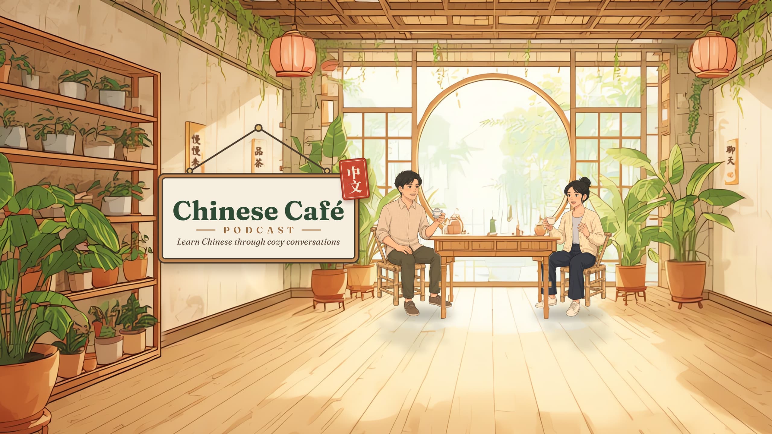 Illustration of a sunny café full of plants: two friends chat over tea under a sign that reads “Chinese Café Podcast”.